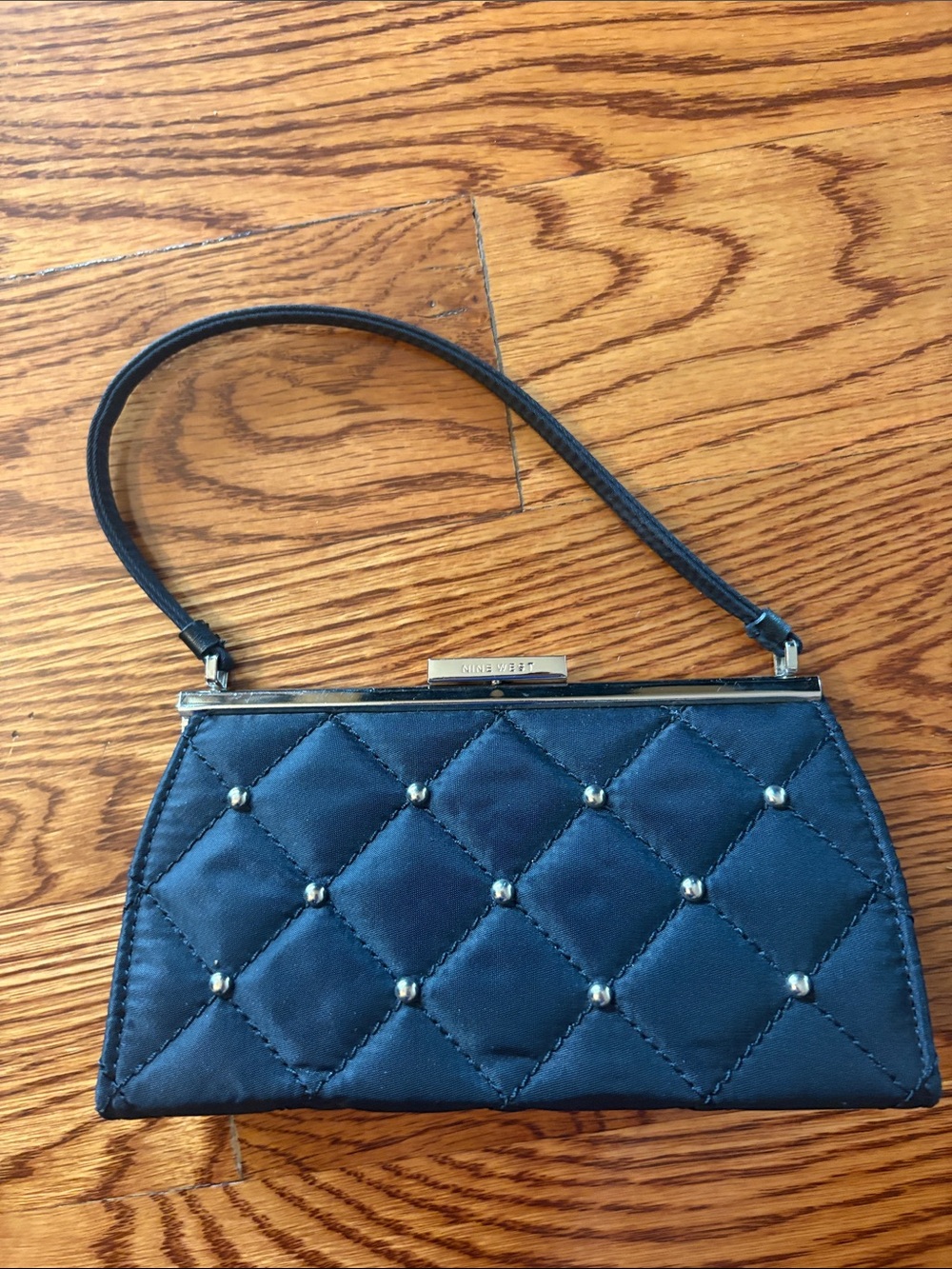 Nine West Black Quilted Clutch Evening Handbag Rhinestone Studded Kiss Lock NEW